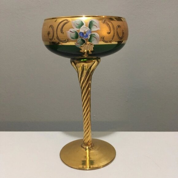 Antique Bohemian Moser Green Glass Wine Goblet Gilt Hand Painted Italy Gold - Picture 3 of 5